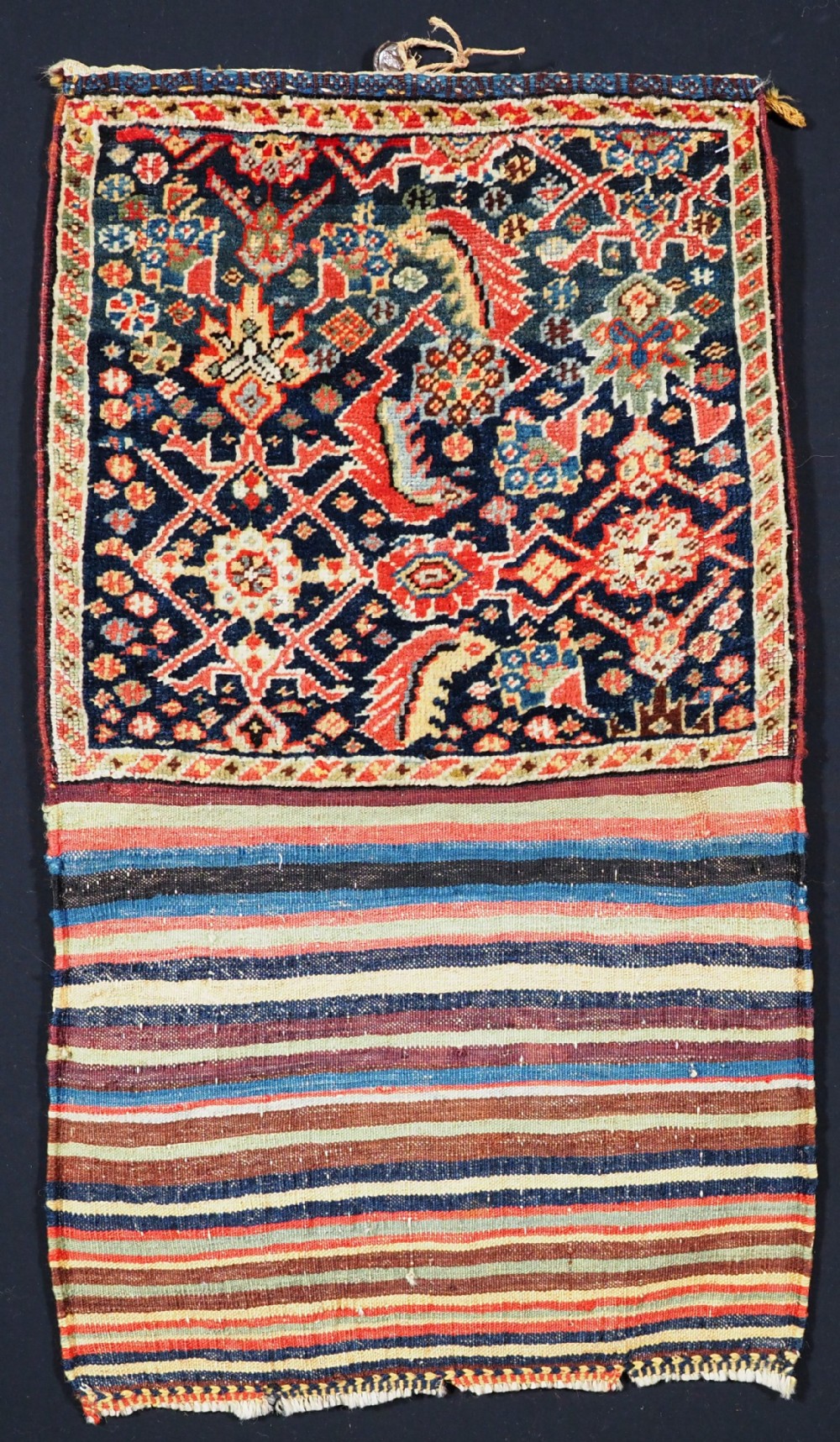 antique tribal qashqai bag herati design with striped plain weave back circa 1880