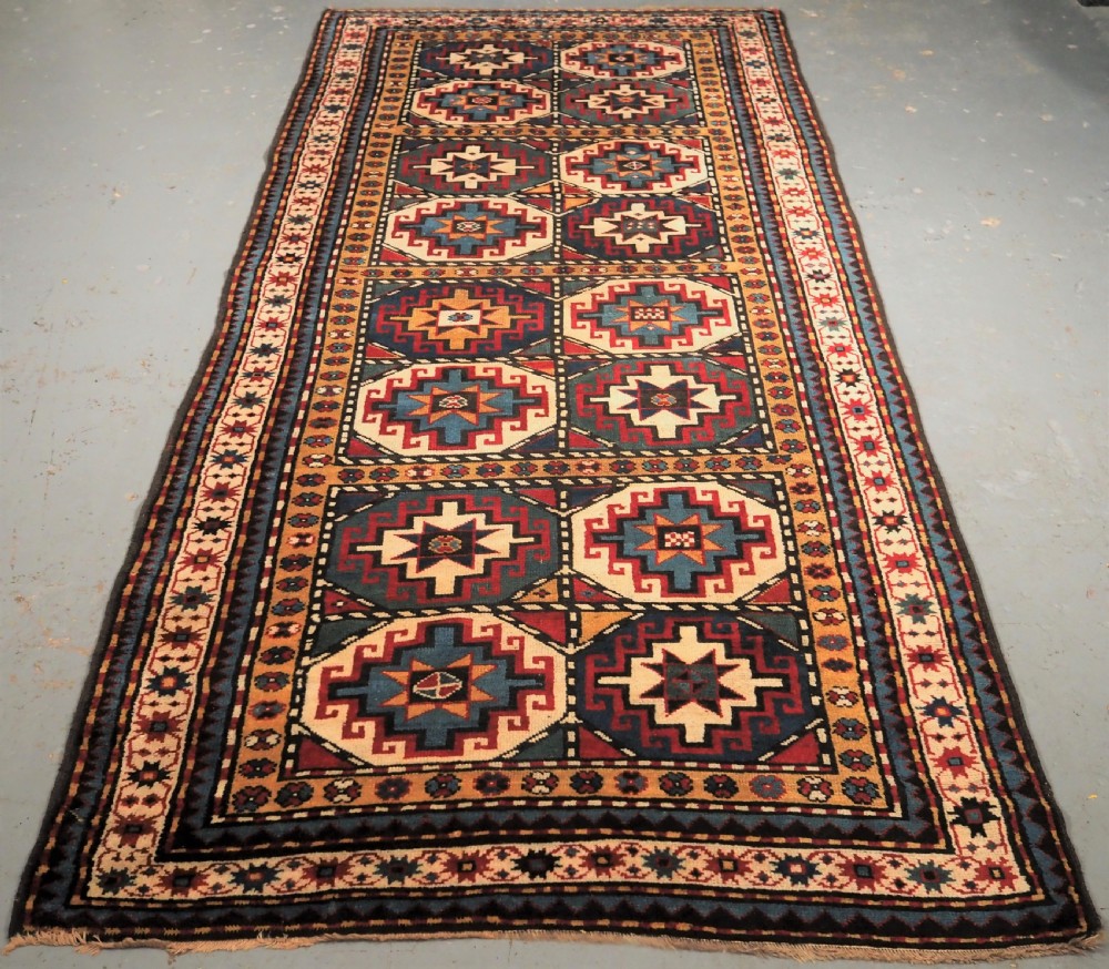 antique caucasian moghan kazak long rug memling guls circa 1890