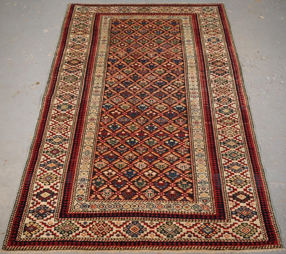antique caucasian kuba shirvan rug of floral lattice design circa 1880