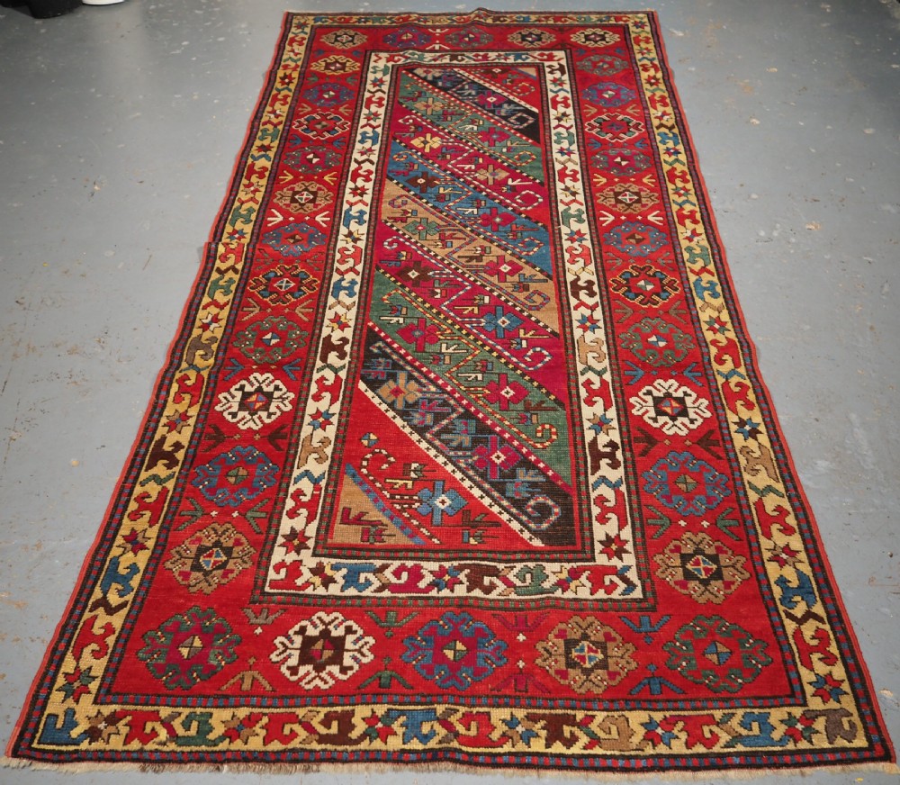 antique caucasian gendje kazak rug with diagonal stripe design circa 1890