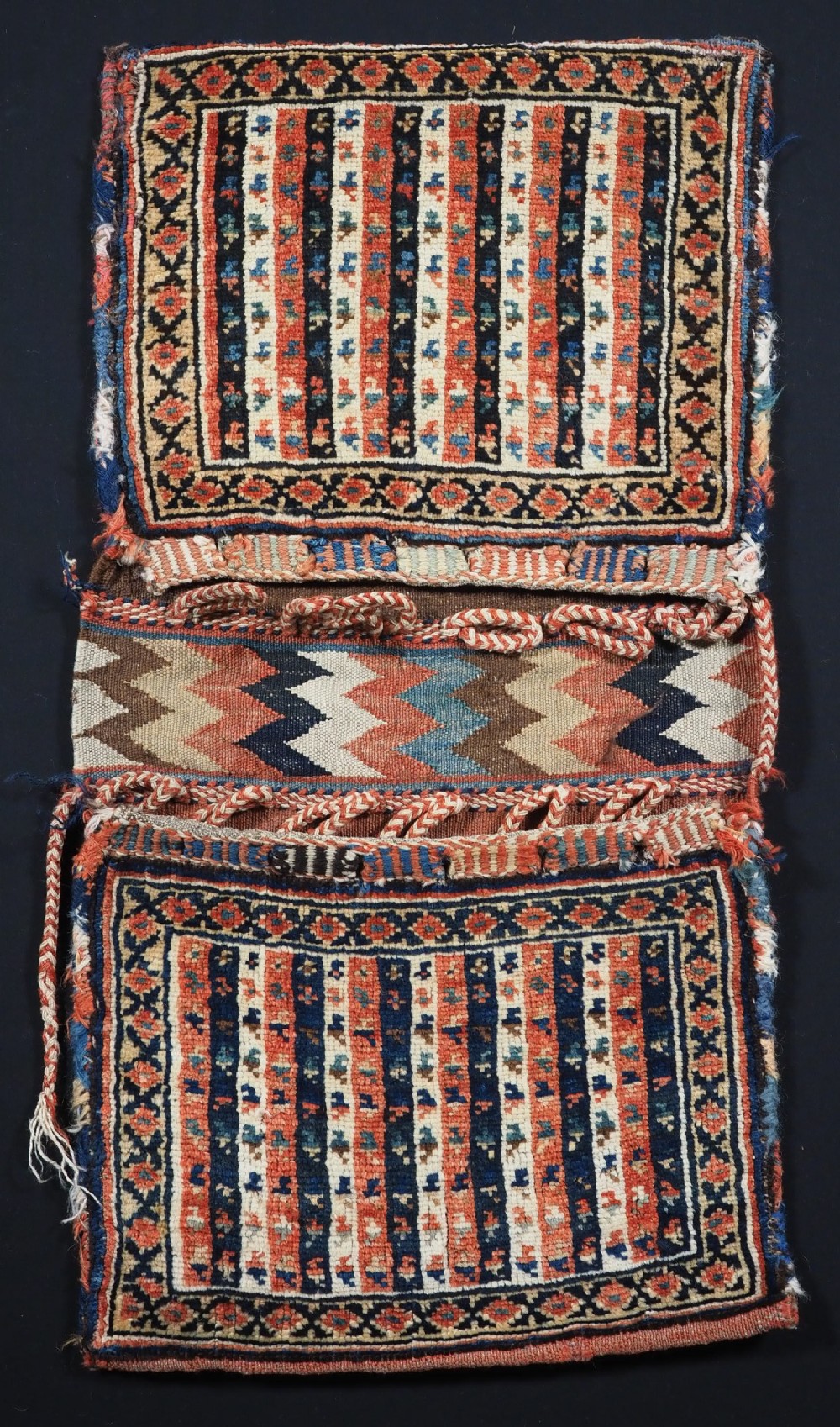 antique qashqai tribal khorjin saddle bags complte with decorative backs circa 1900