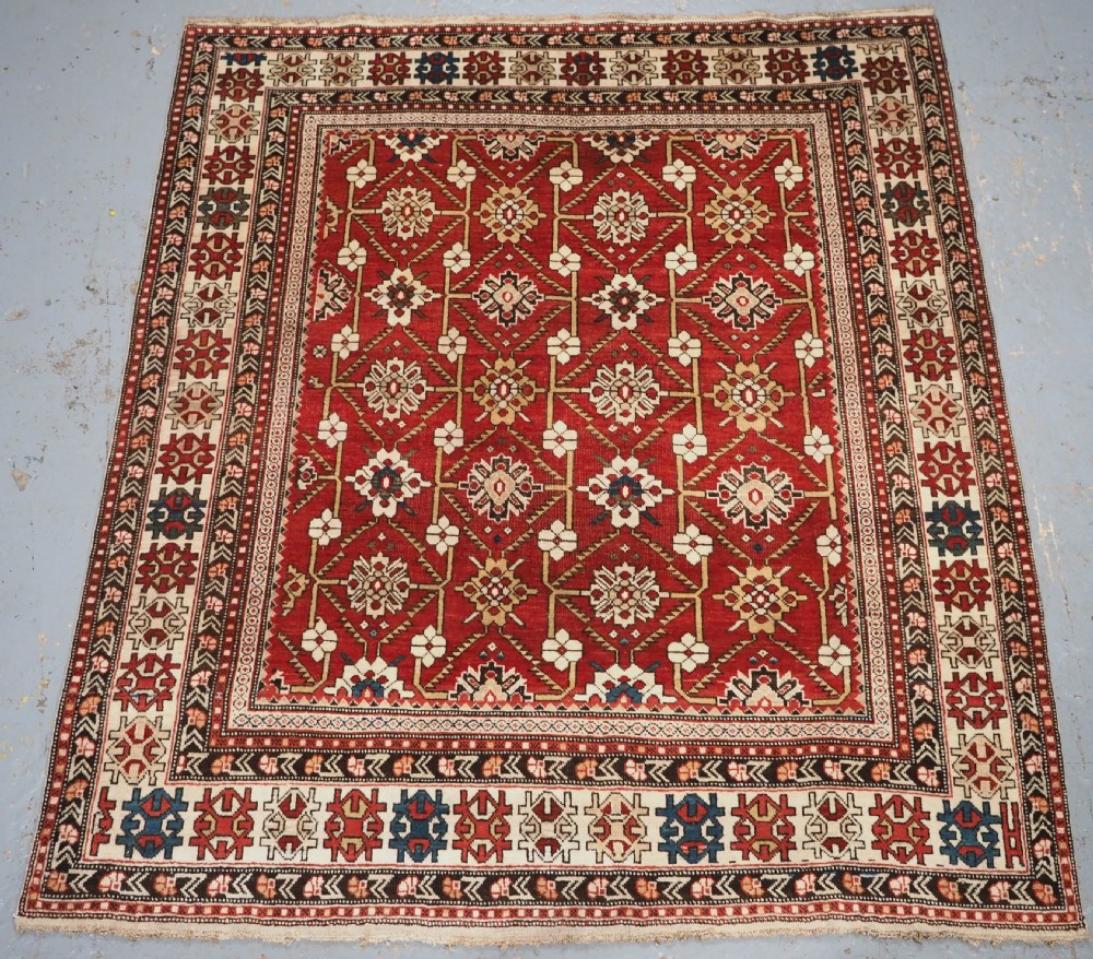 antique caucasian shirvan rug with bold floral lattice design circa 1890