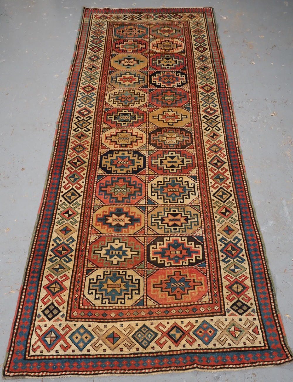 antique caucasian moghan kazak long rug outstanding soft colours circa 1880