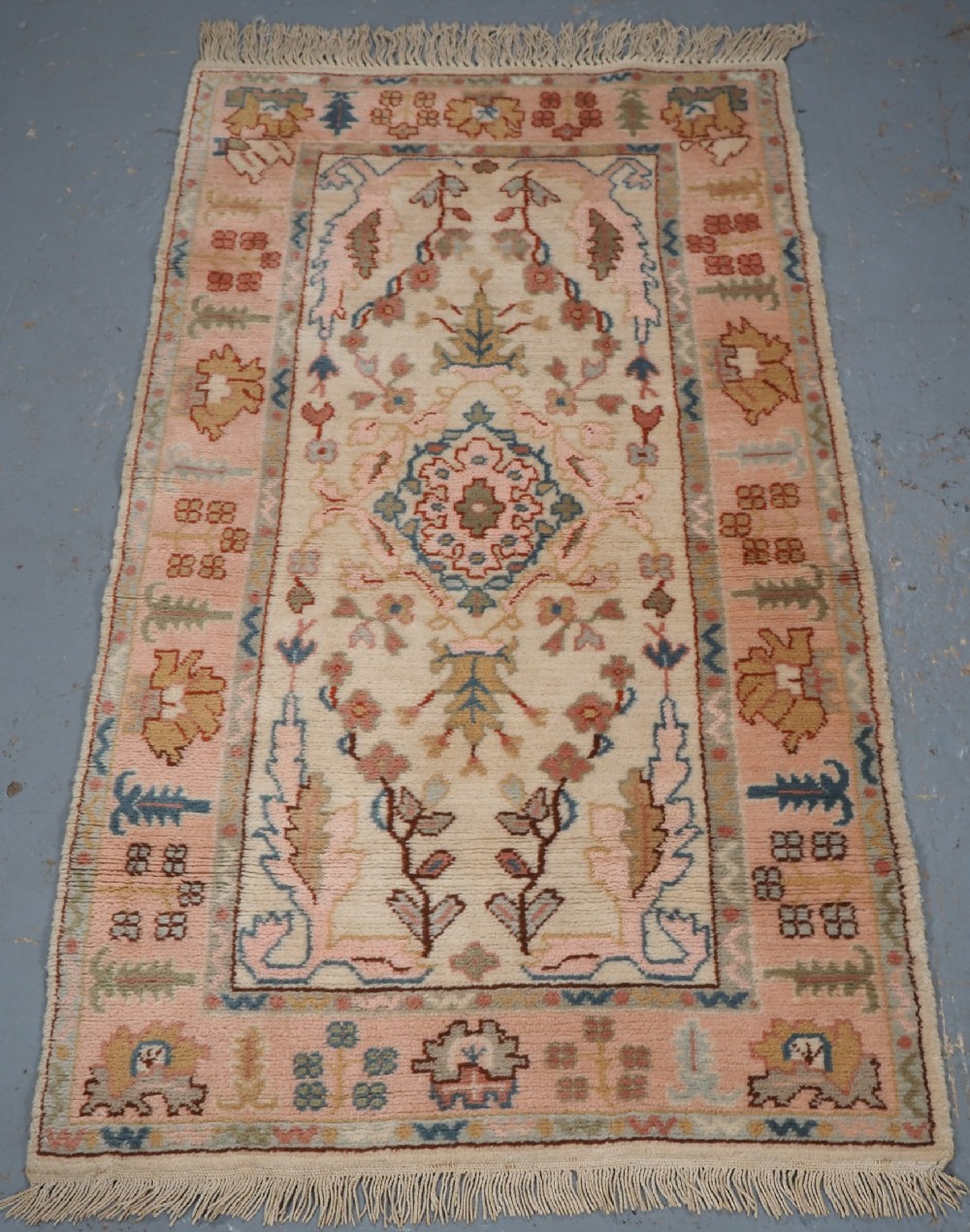 antique turkish kula oushak rug soft pastel colours circa 1900