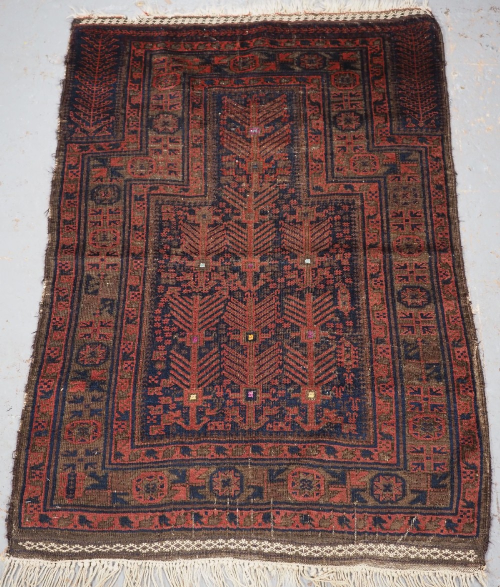 antique timuri baluch prayer rug with blue ground silk highlights circa 1880