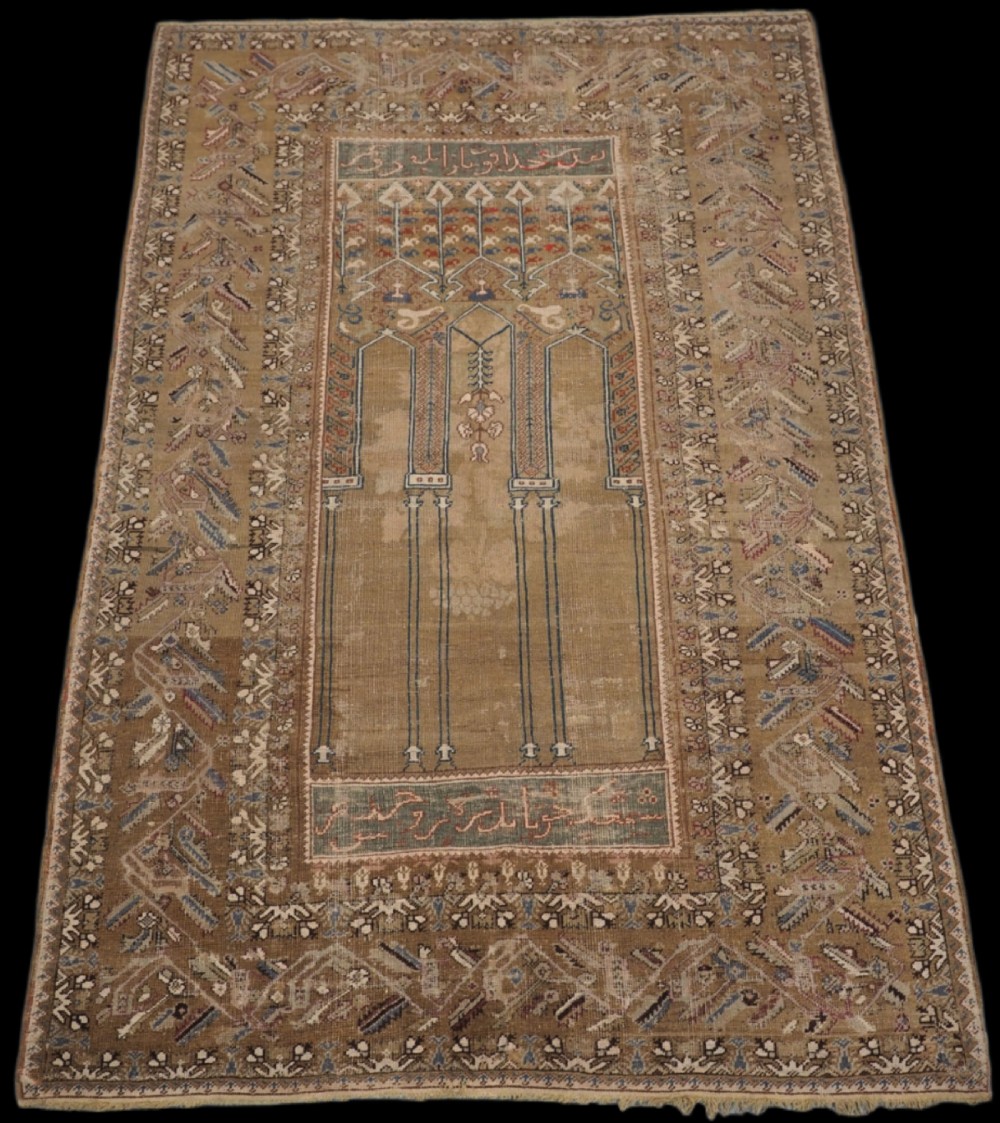 rare antique ottoman 6 column prayer rug inscribed in ottoman script circa 1800