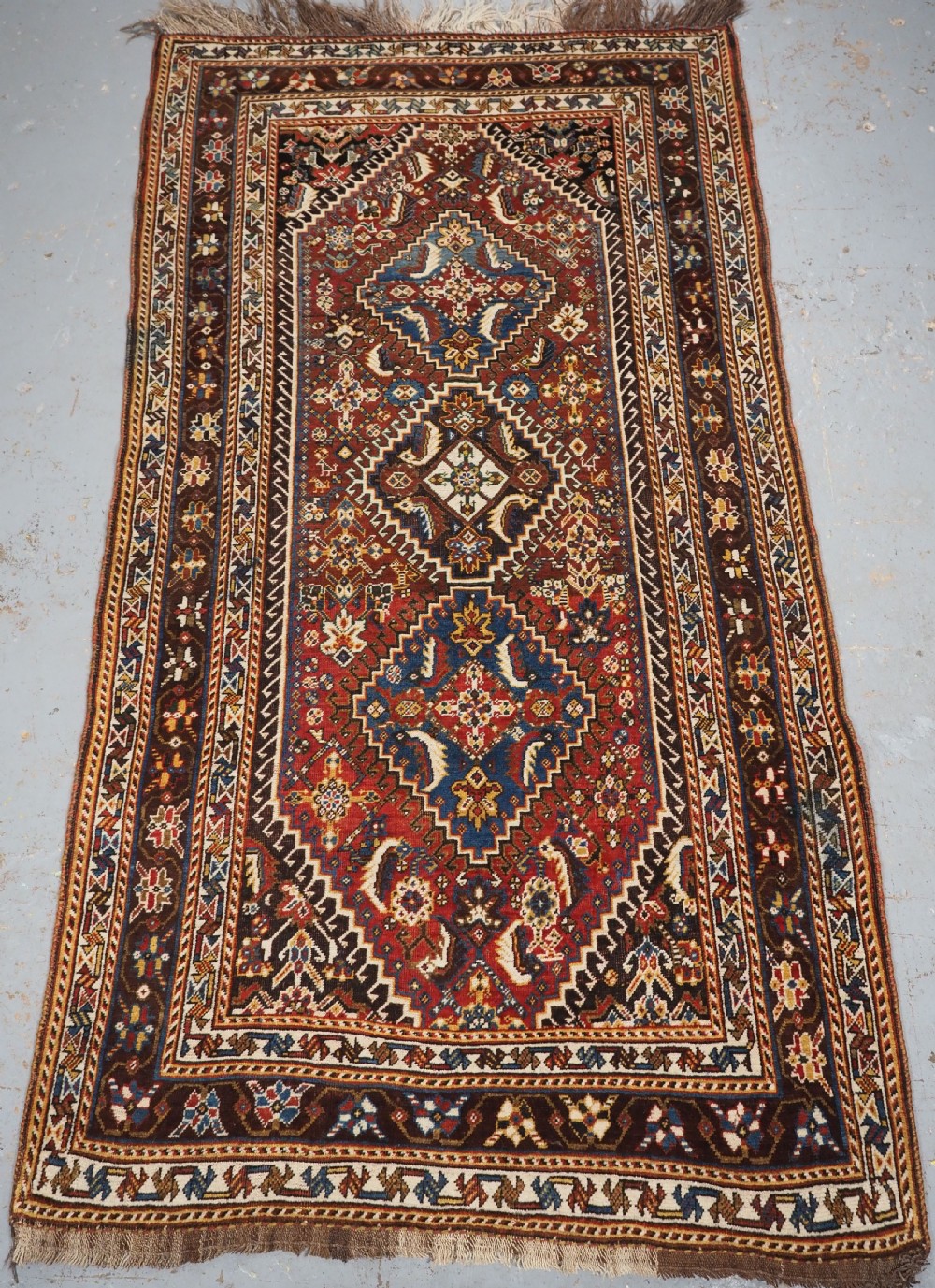 antique qashqai long rug with triple medallion design circa 1900