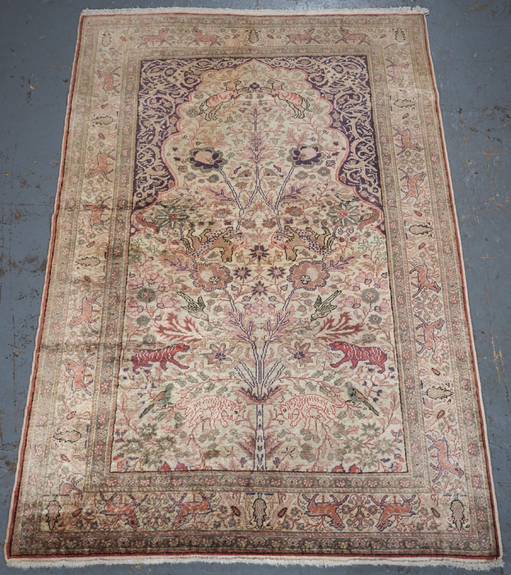 old turkish kayseri 'art silk' rug garden prayer design circa 1950