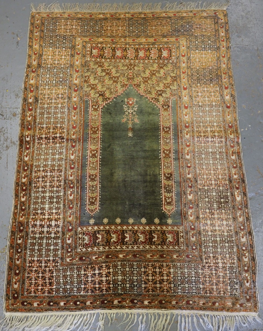 antique turkish panderma bandirma prayer rug with green ground circa 1900