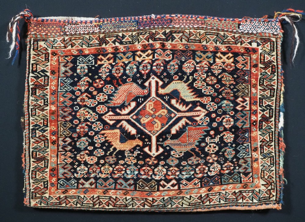 antique khamseh tribal saddlebag with sought after bird design circa 1880