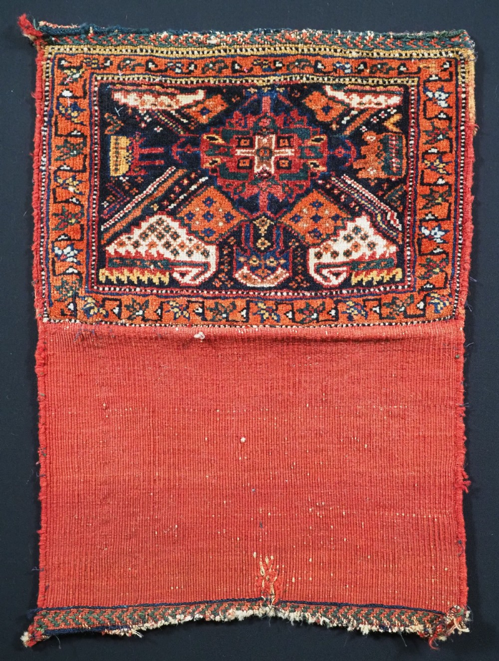 antique afshar tribal chanteh bag opened for display circa 1900