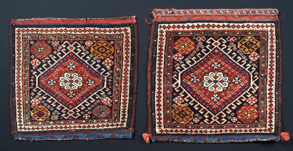 antique pair of saddlebag faces luri tribe fine weave small size circa 1900