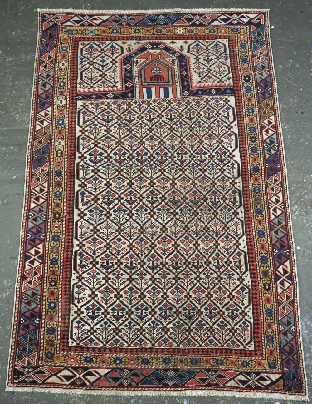 antique caucasian shirvan ivory ground prayer rug with floral lattice circa 1880