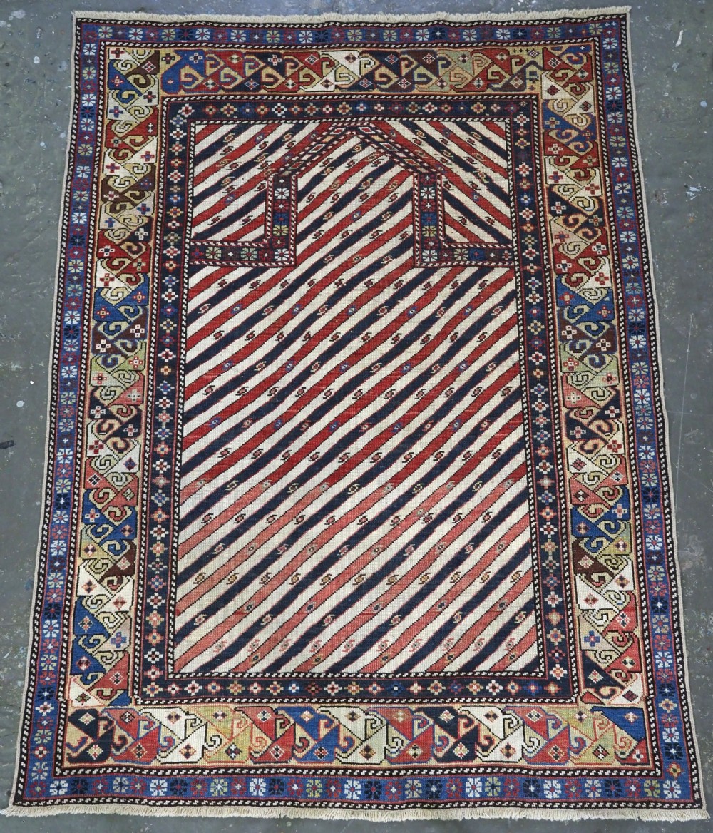 antique caucasian shirvan or dagestan prayer rug of scarce diagonal stripe design circa 1850
