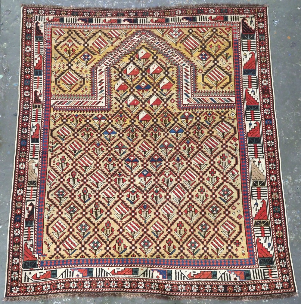 antique caucasian marasali prayer rug of scarce yellow ground circa 1850 or earlier