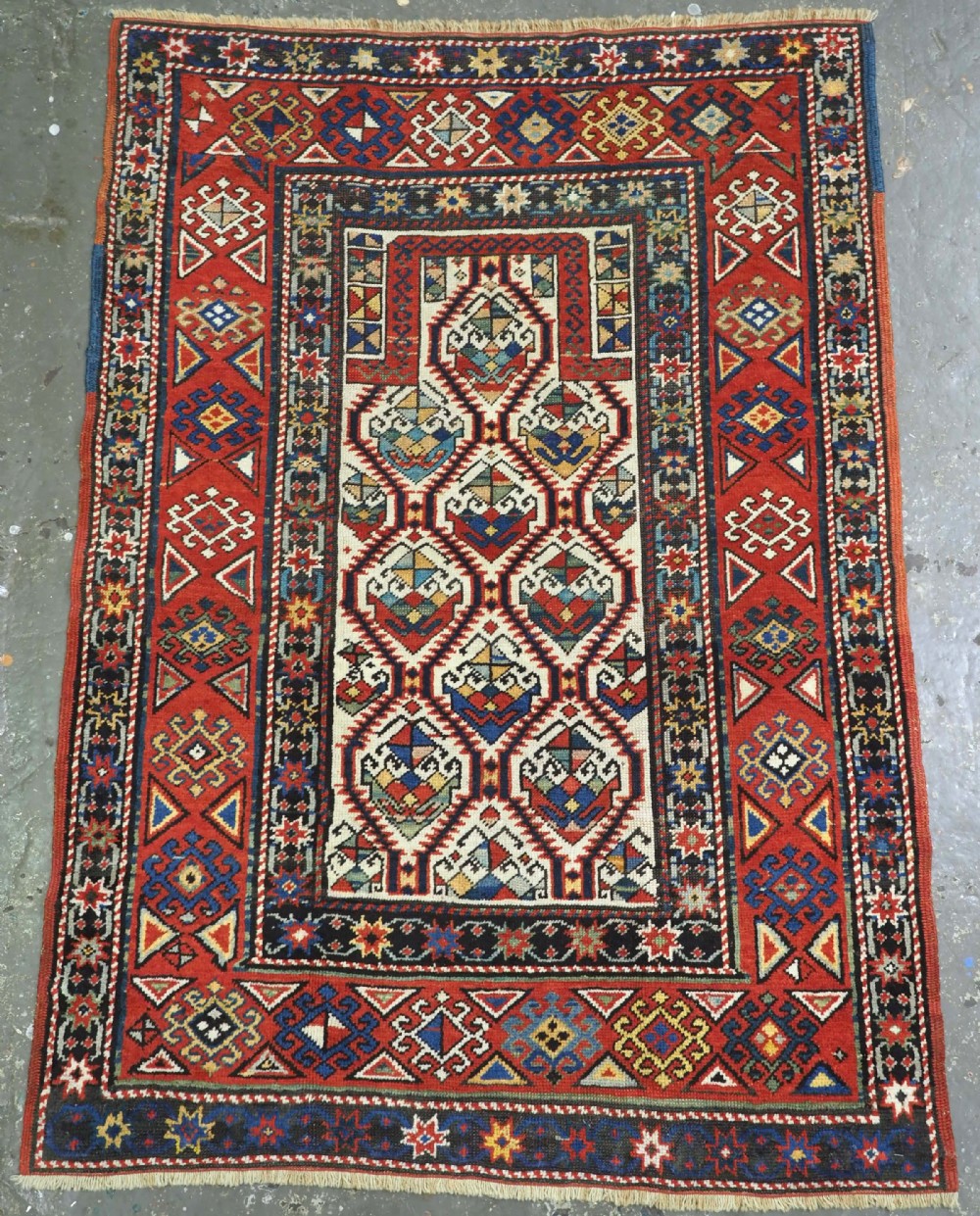 antique caucasian gendje prayer rug floral lattice design circa 1890