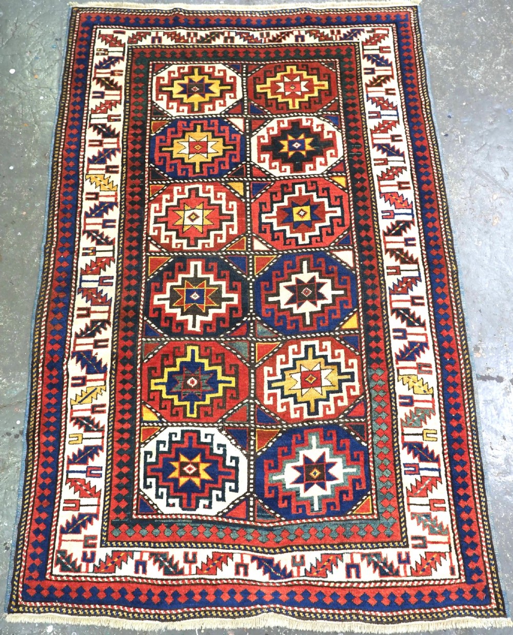 antique caucasian moghan kazak rug with memling gul design circa 1890