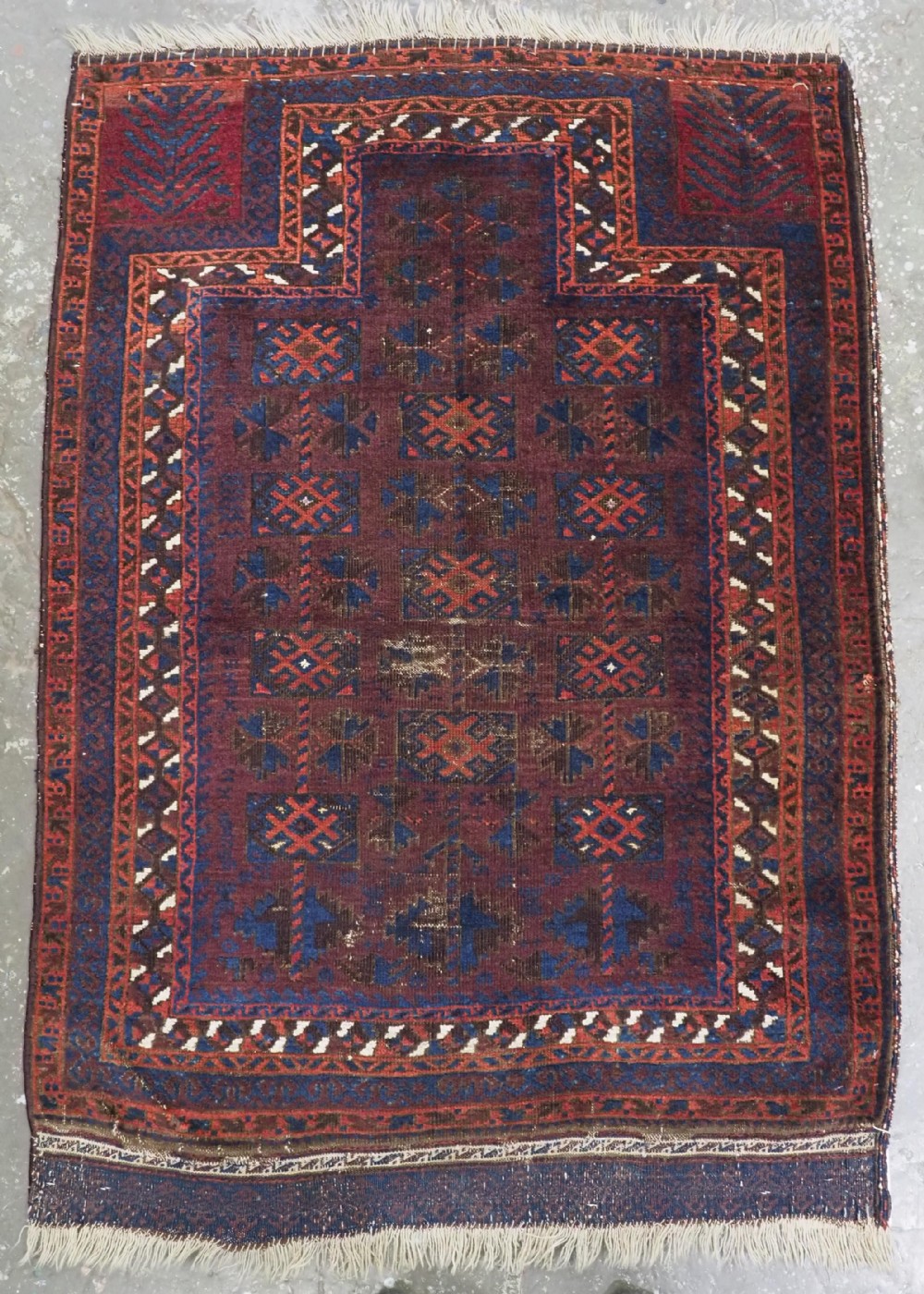 antique baluch prayer rug timuri yaqoub khani with scarce box design on an aubergine ground circa 1880