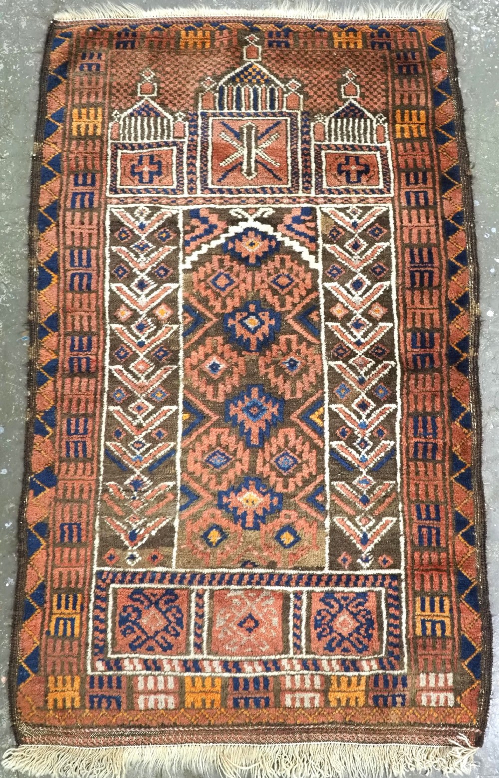 antique afghan taimani sistan baluch 'seh mihrab' prayer rug great wool circa 1900