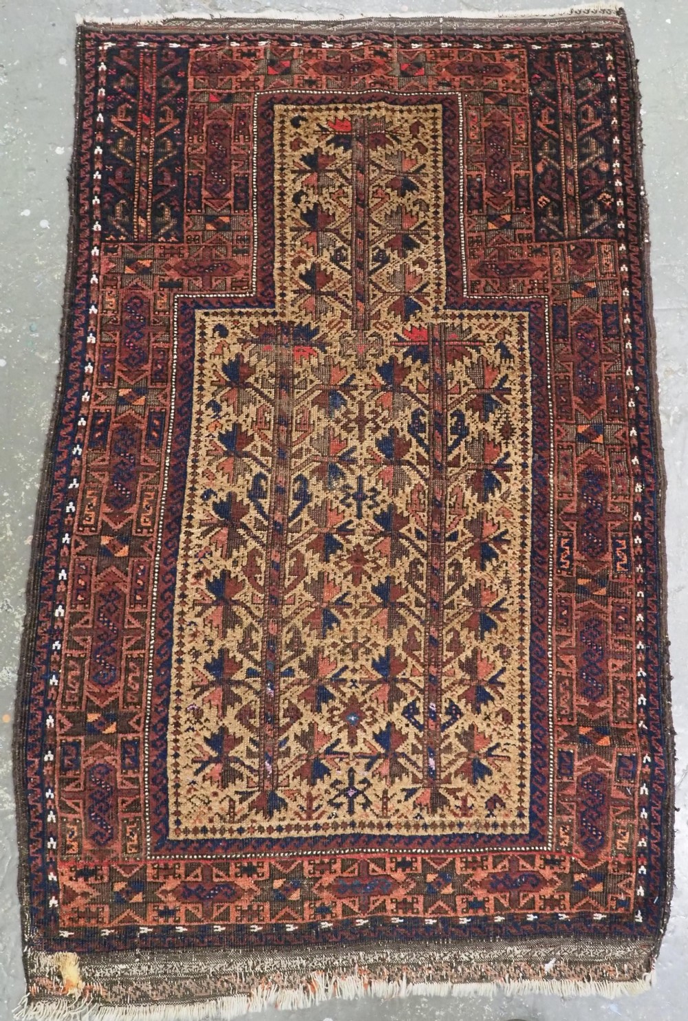 antique timuri baluch prayer rug camel ground with tree of life circa 1880