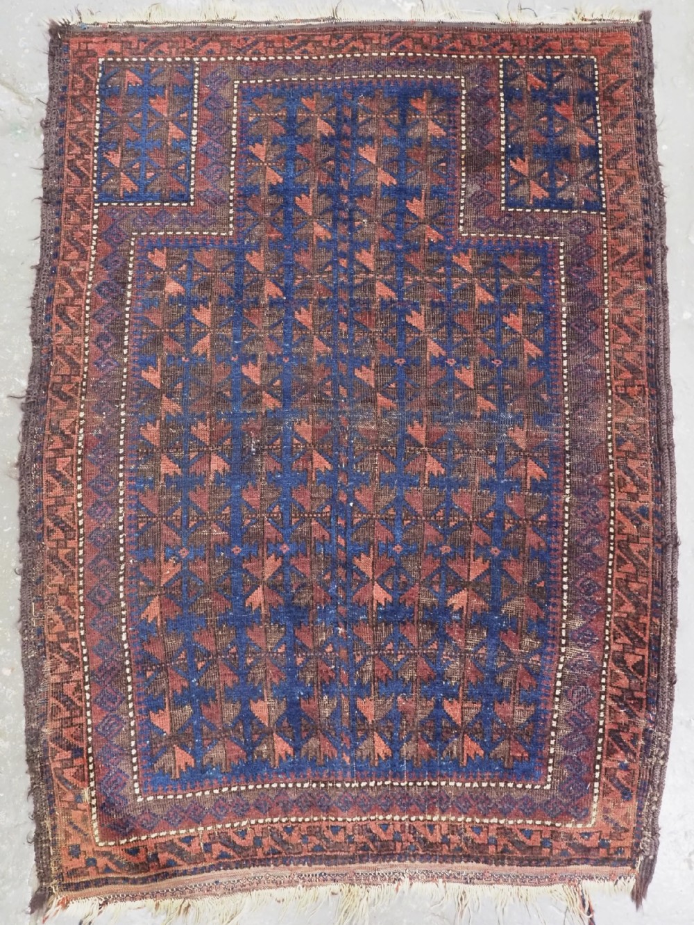 antique timuri baluch prayer rug blue ground with repeat leaf design circa 1880