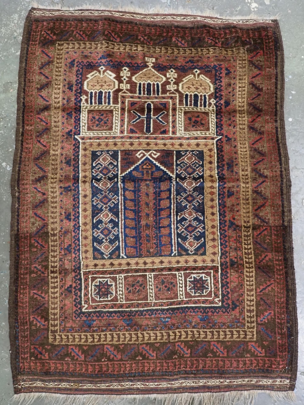 antique taimani baluch 'seh mihrab' prayer rug circa 1900