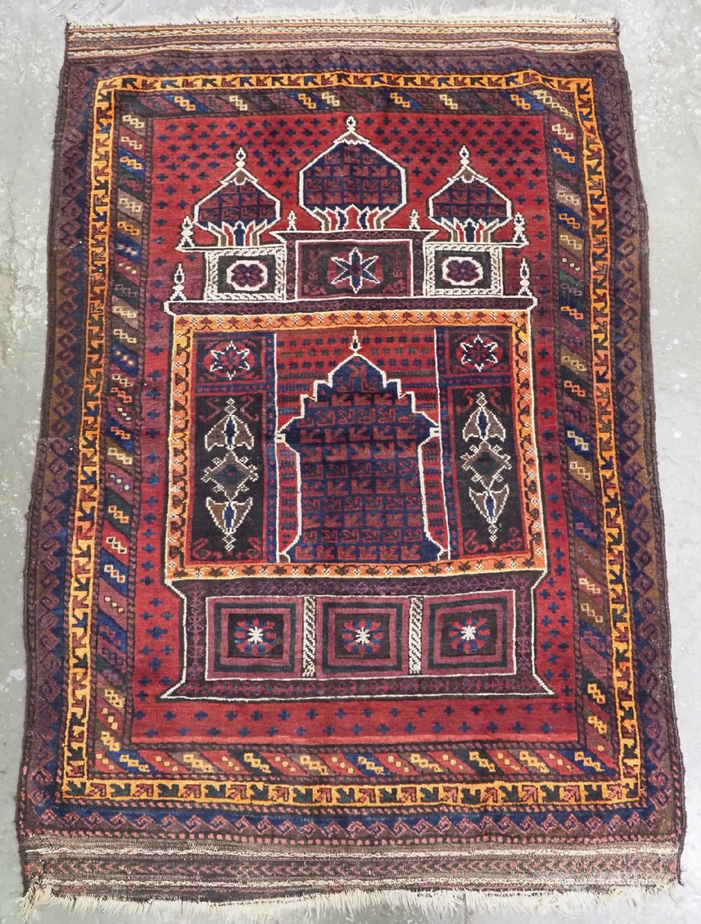 antique taimani baluch 'seh mihrab' prayer rug outstanding example circa 1900