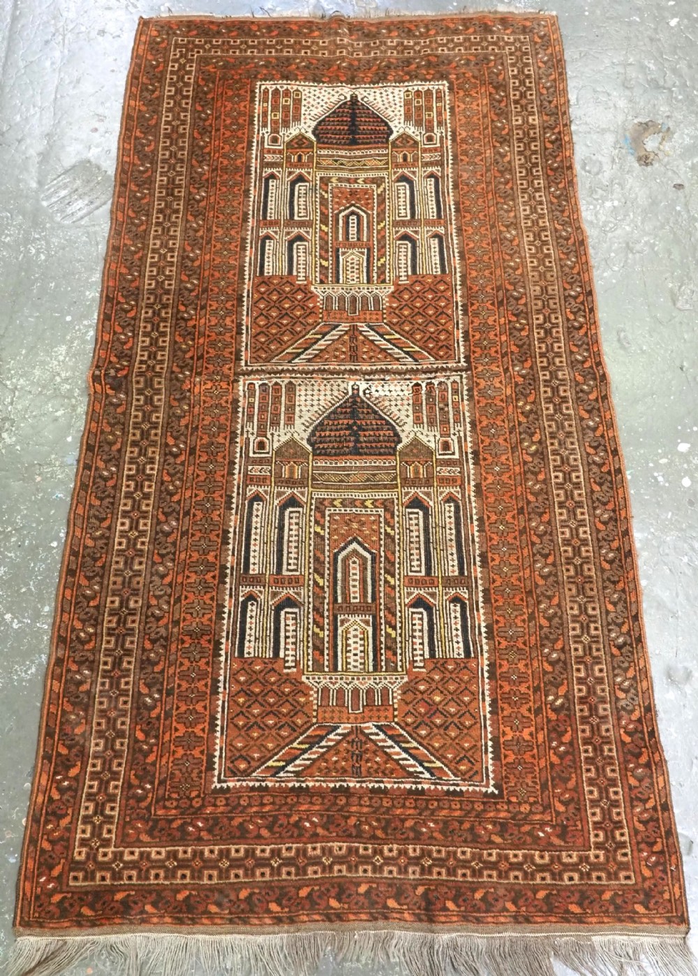 antique afghan kizil ayak mosque prayer rug with double niche circa 1900