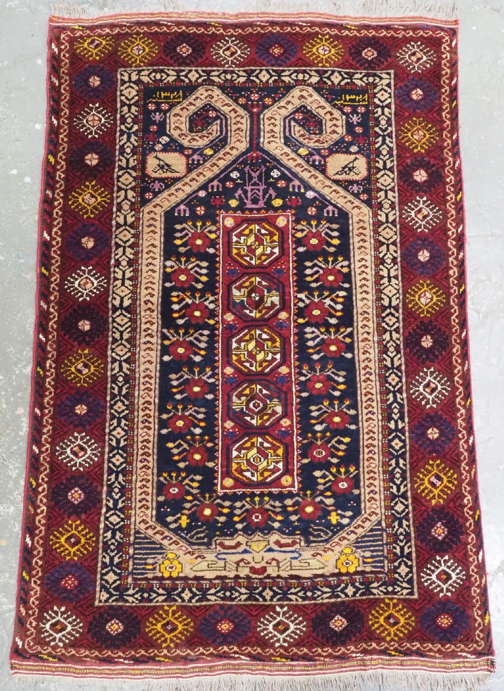 vintage afghan beshir turkmen prayer rug rams horn design dated 1328 circa 1950