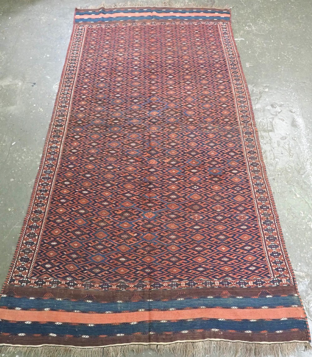 antique yomut turkmen palas soumak kilim good condition unusual long kilim ends circa 1900