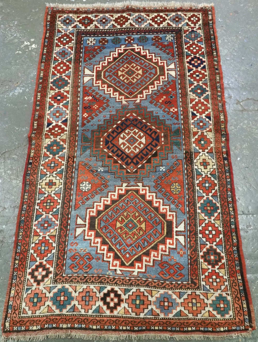 antique caucasian moghan kazak rug hooked medallion design circa 1890