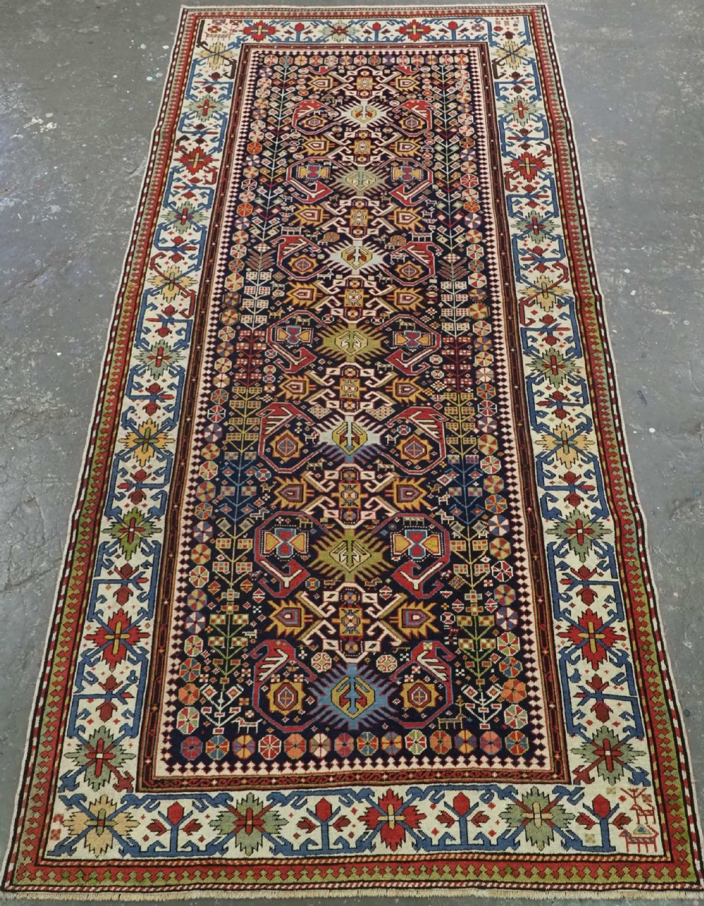 antique caucasian kuba shirvan long rug with bird design circa 1890