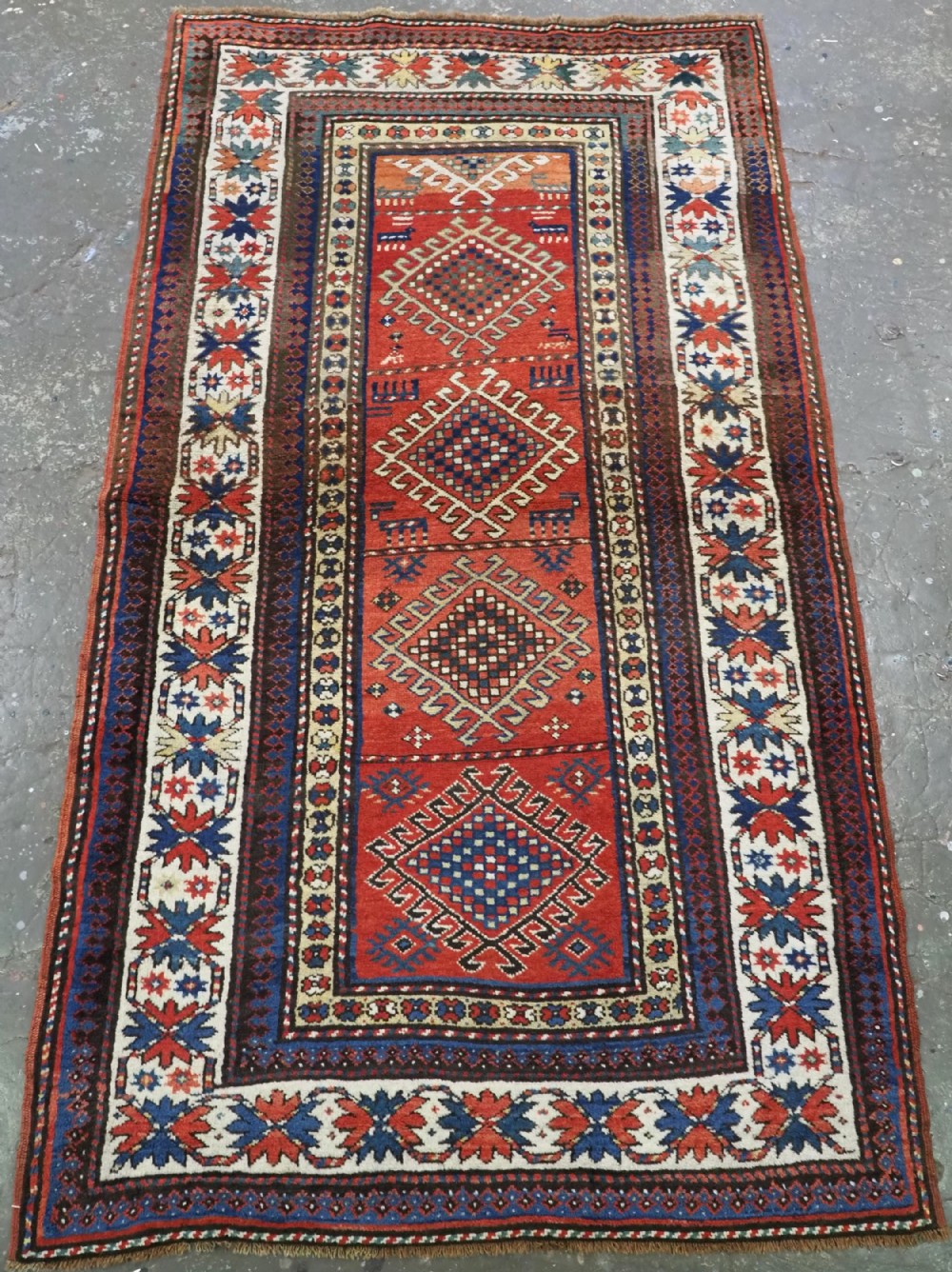 antique caucasian moghan kazak rug hooked medallion design circa 1880