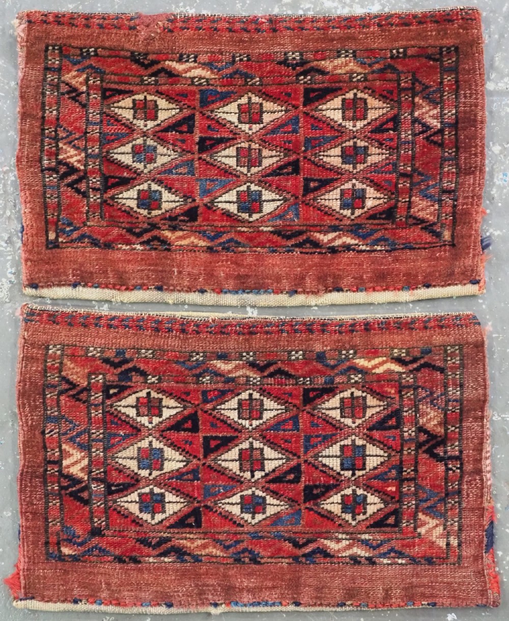 antique yomut turkmen pair of 'kap' small bag complete with backs circa 1880