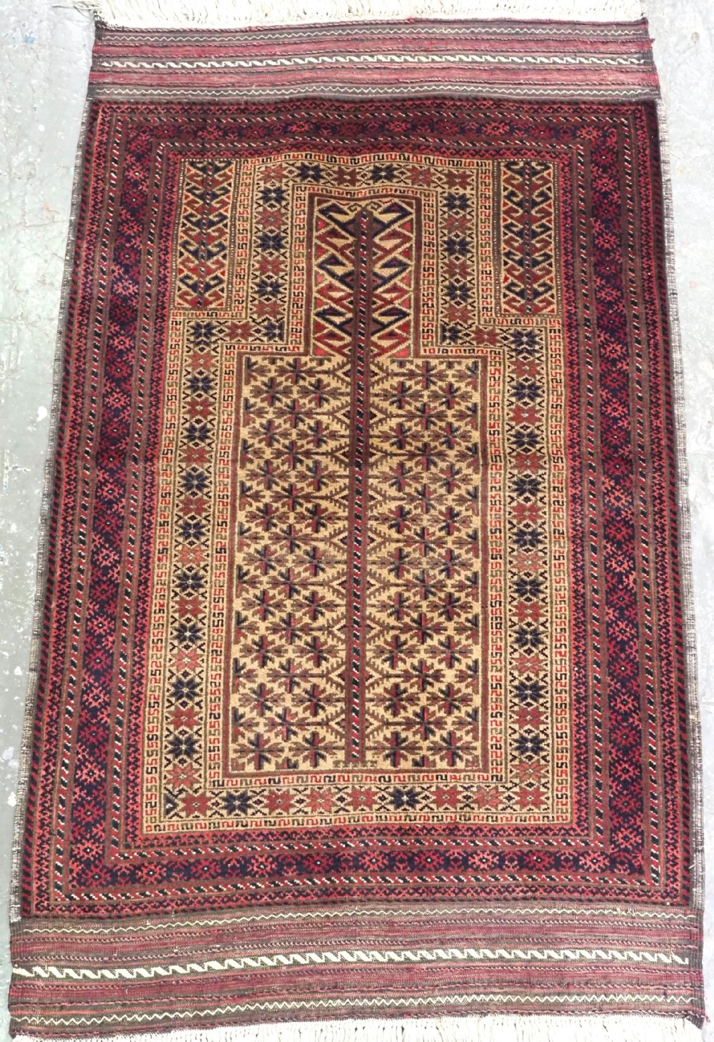 antique baluch prayer rug unusual tree of life design long kilim ends circa 1920