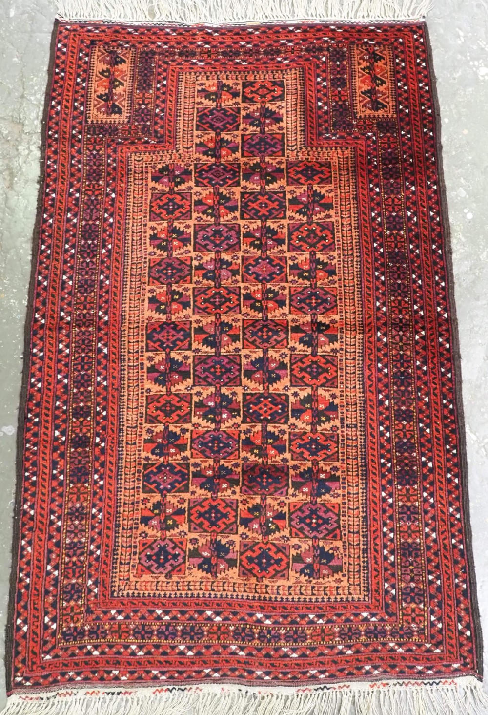 antique turkestan baluch prayer rug repeat box design very fine weave circa 1900