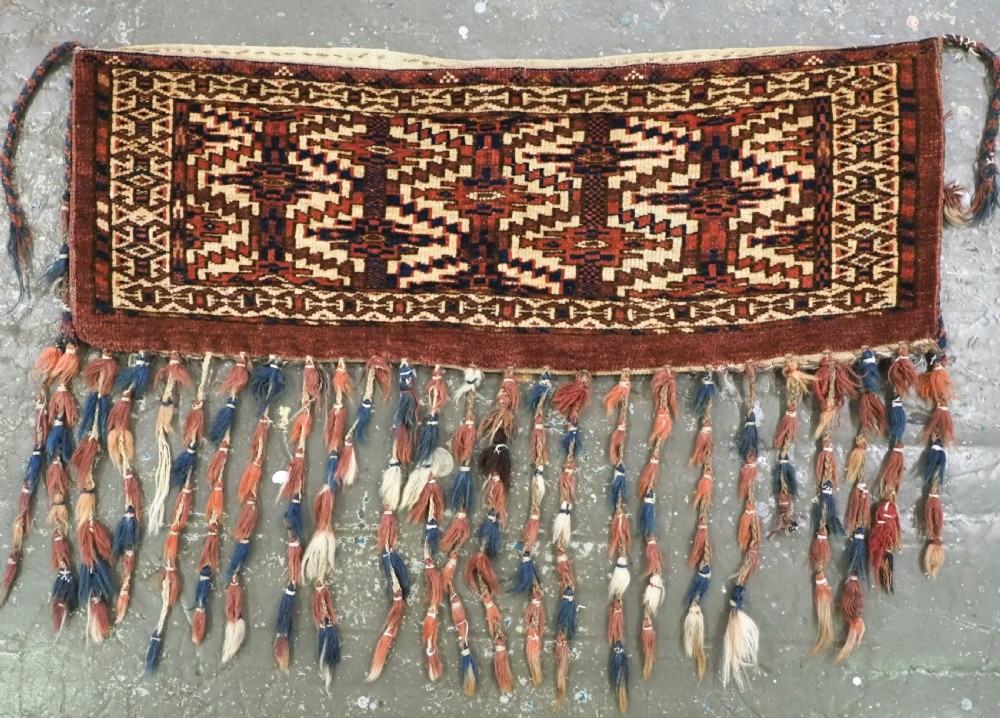 antique yomut turkmen torba of small size with asmalyk style design circa 1880