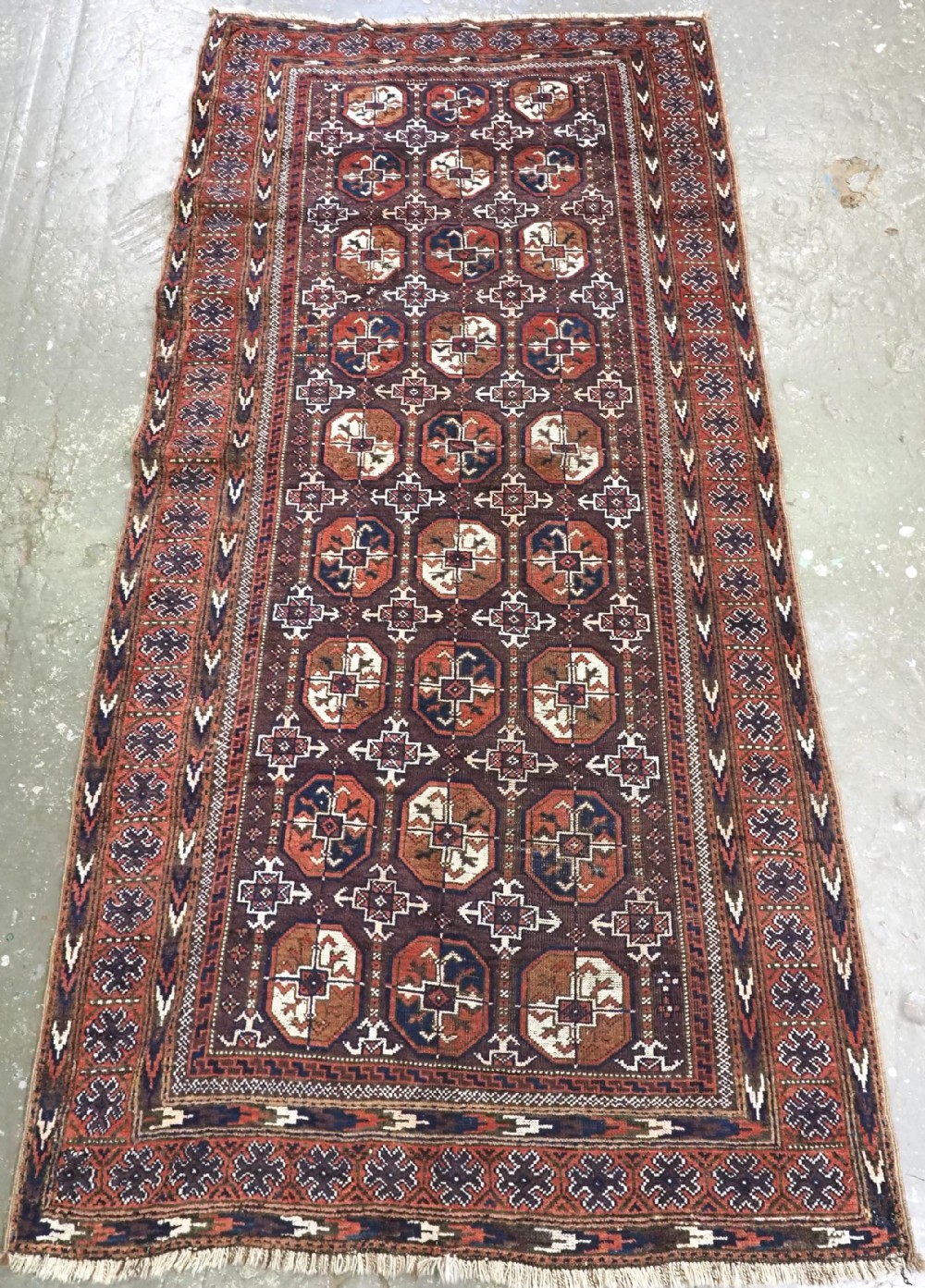 antique mahdad khani baluch rug large turkmen guls circa 1900