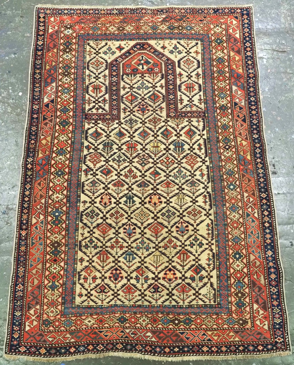 antique caucasian ivory ground shirvan prayer rug with floral lattice circa 1870