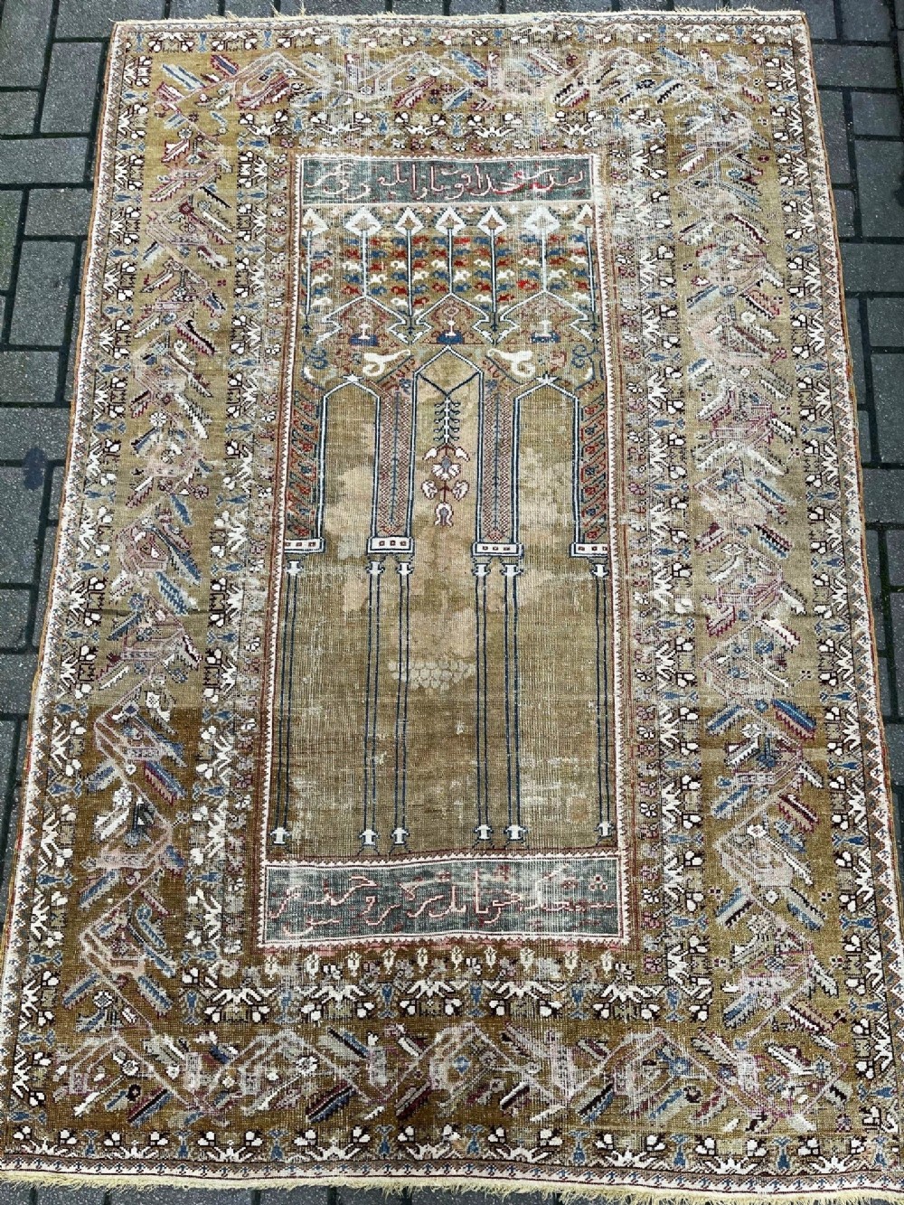 rare antique turkish ottoman 6 column prayer rug inscribed in ottoman script circa 1800