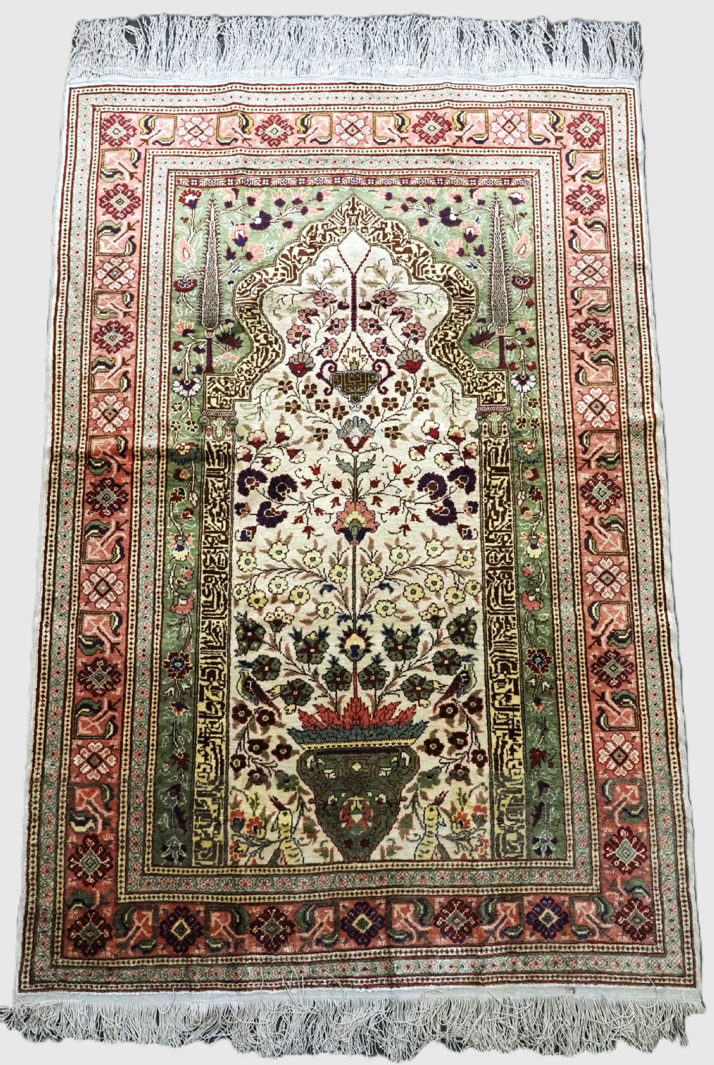 vintage turkish kayseri silk rug of prayer design about 50 years old