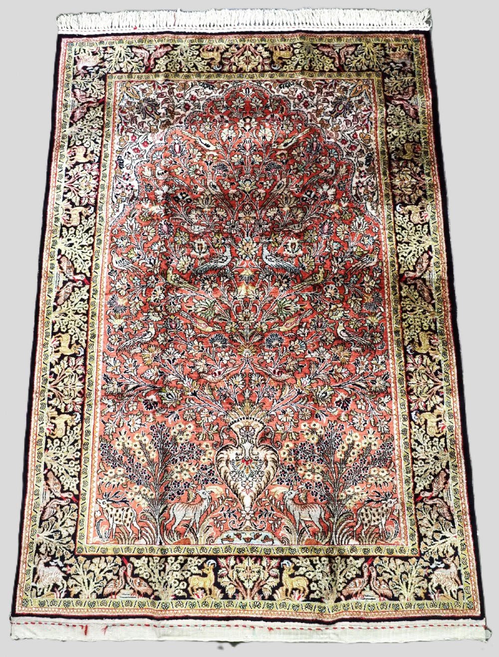 vintage persian qum silk rug with paradise garden design about 50 years old
