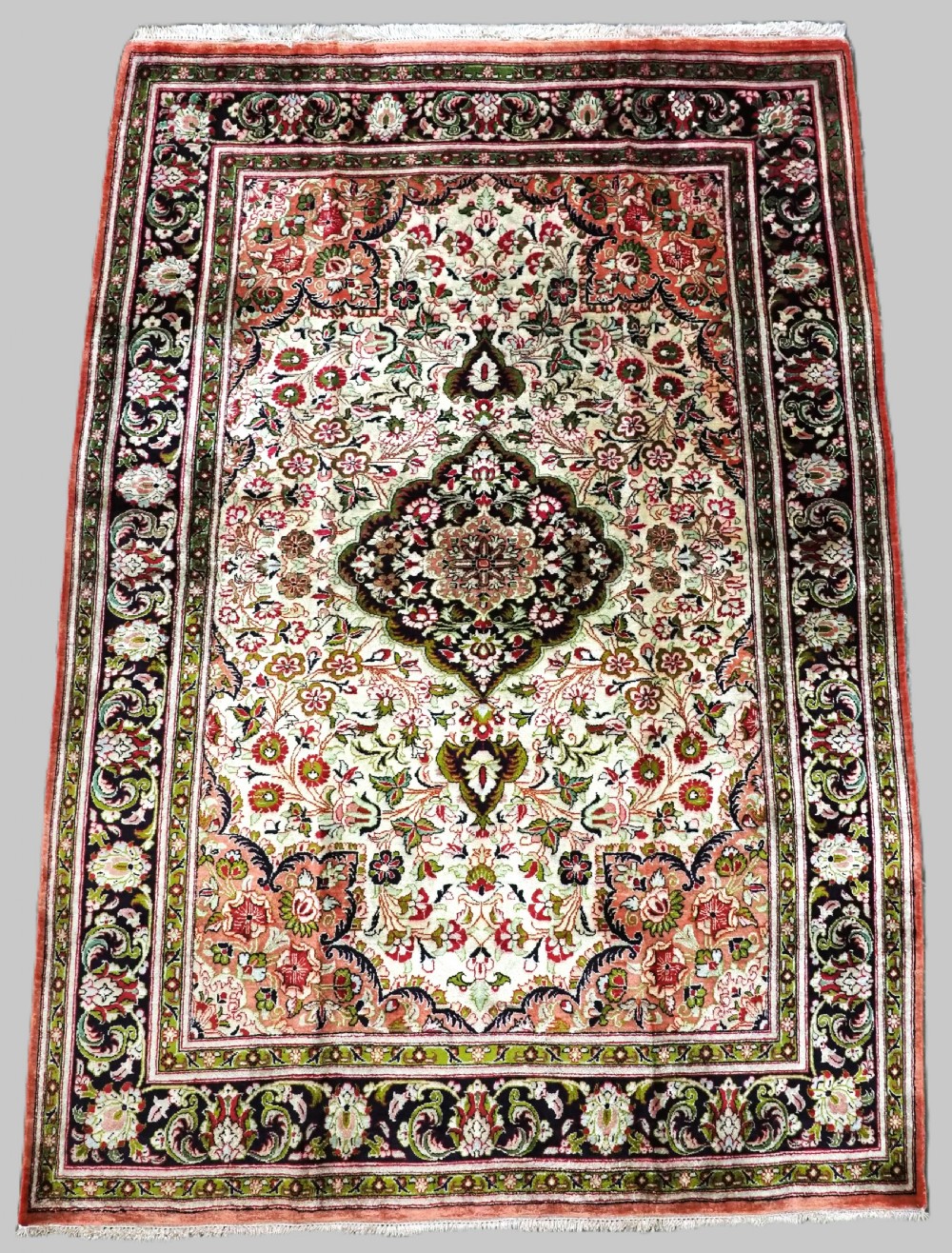 vintage persian qum silk rug floral design with small medallion circa 1950