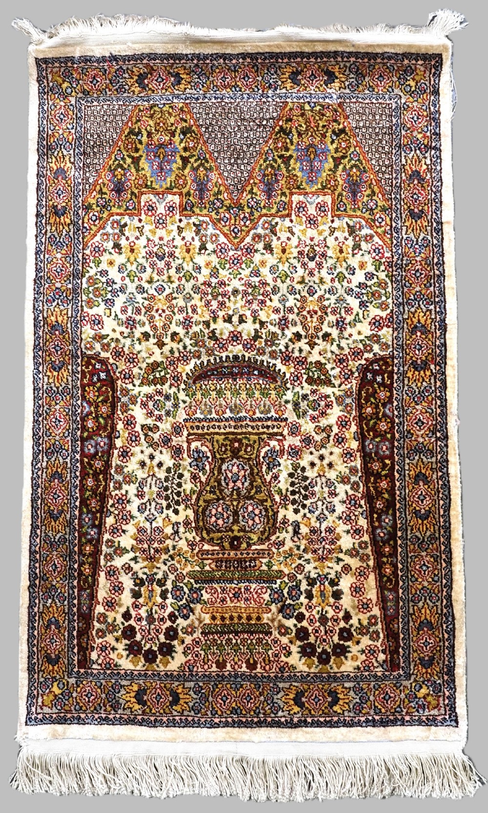 vintage egyptian silk rug very small size floral vase design about 50 years old