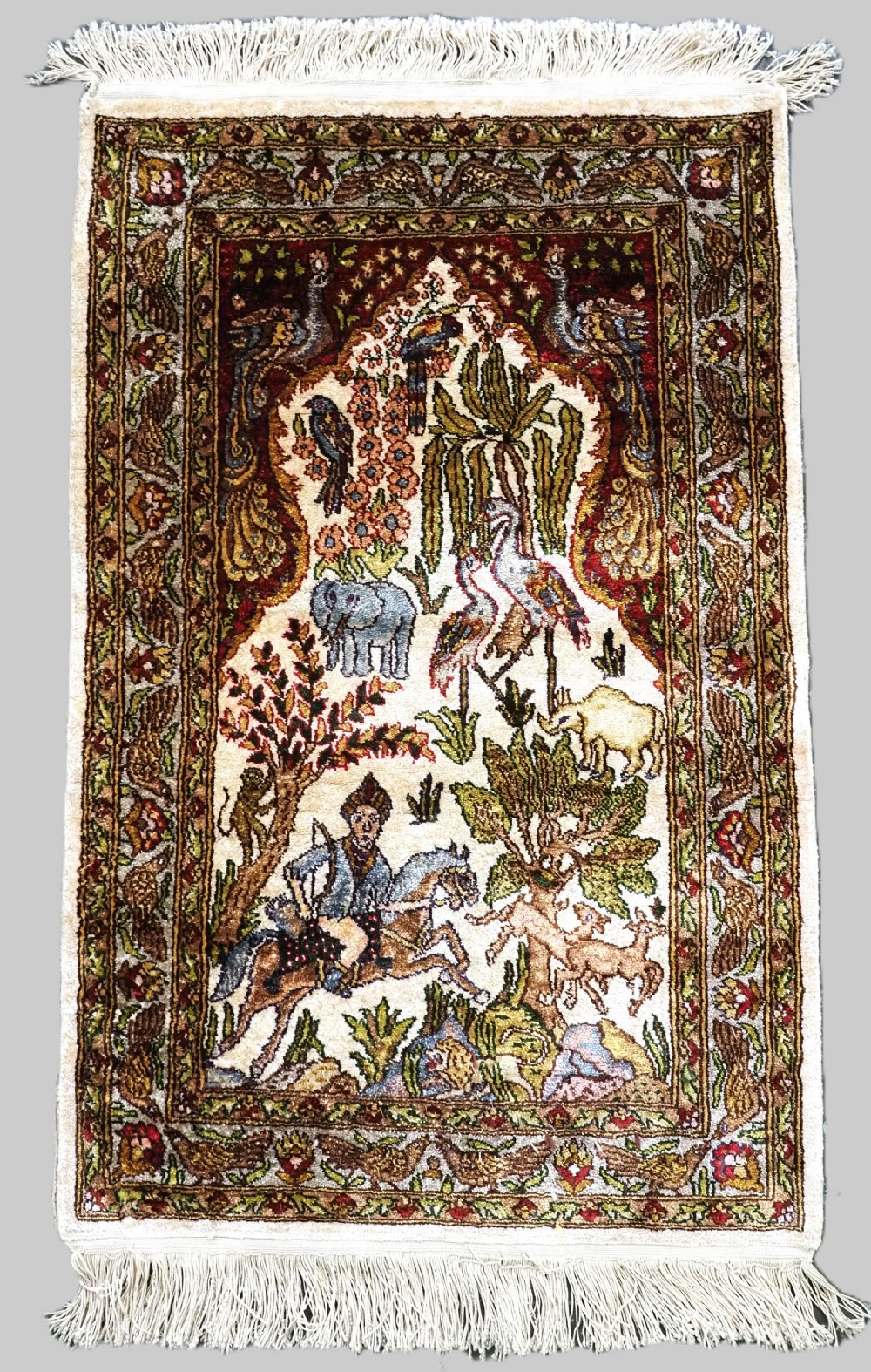 vintage egyptian pictorial silk rug very small size hunting design about 50 years old