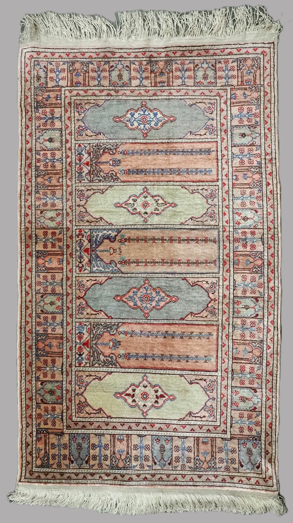 vintage turkish kayseri silk rug of 'saf' prayer design about 50 years old