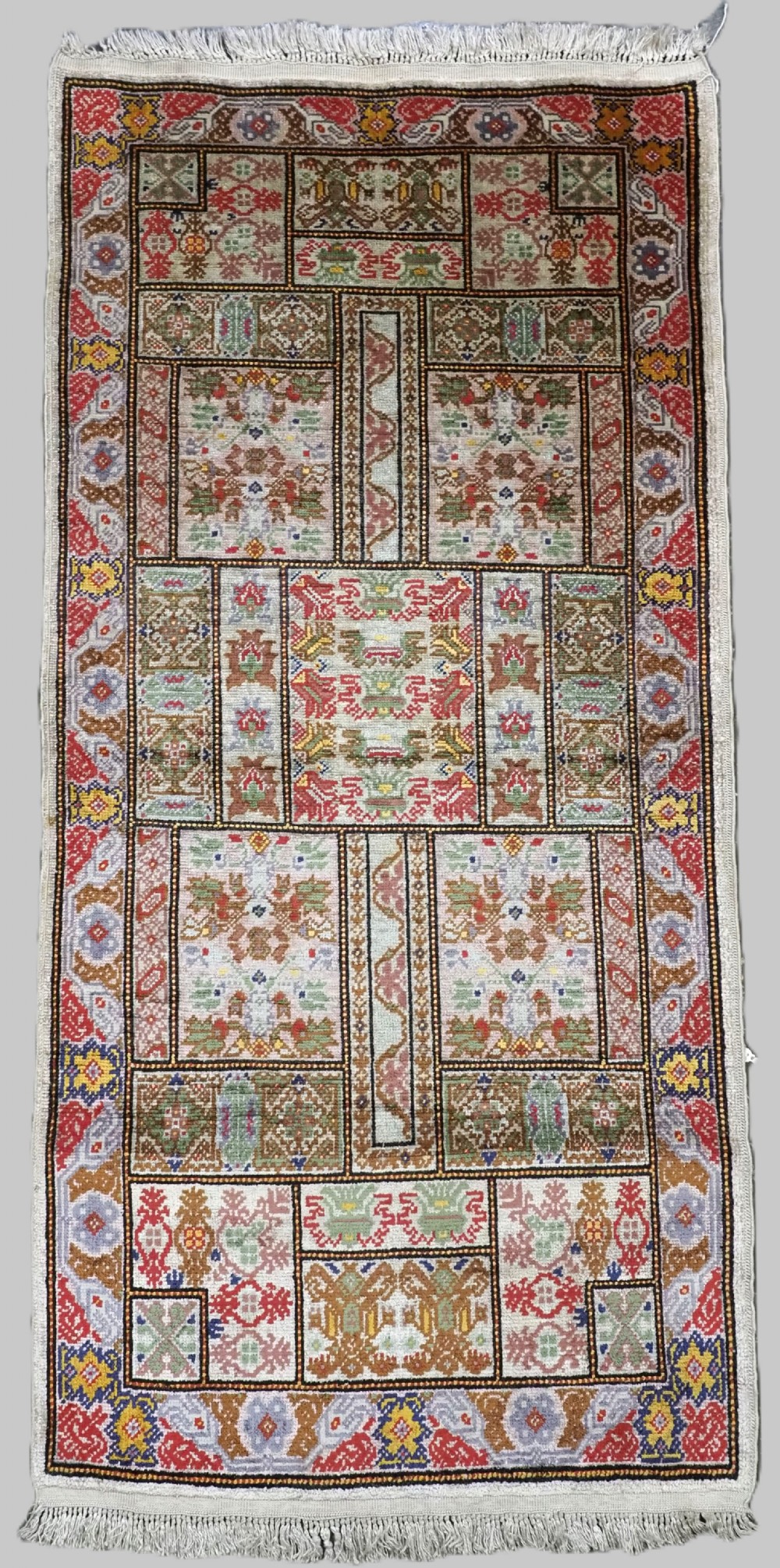 vintage turkish kayseri silk rug with boxed floral design about 50 years old