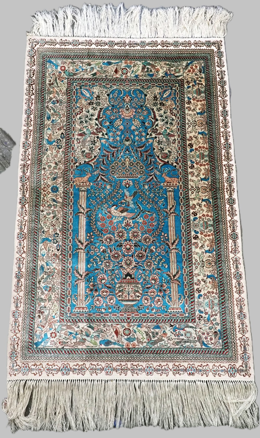 chinese silk rug very fine weave prayer design with animals birds about 20 years old
