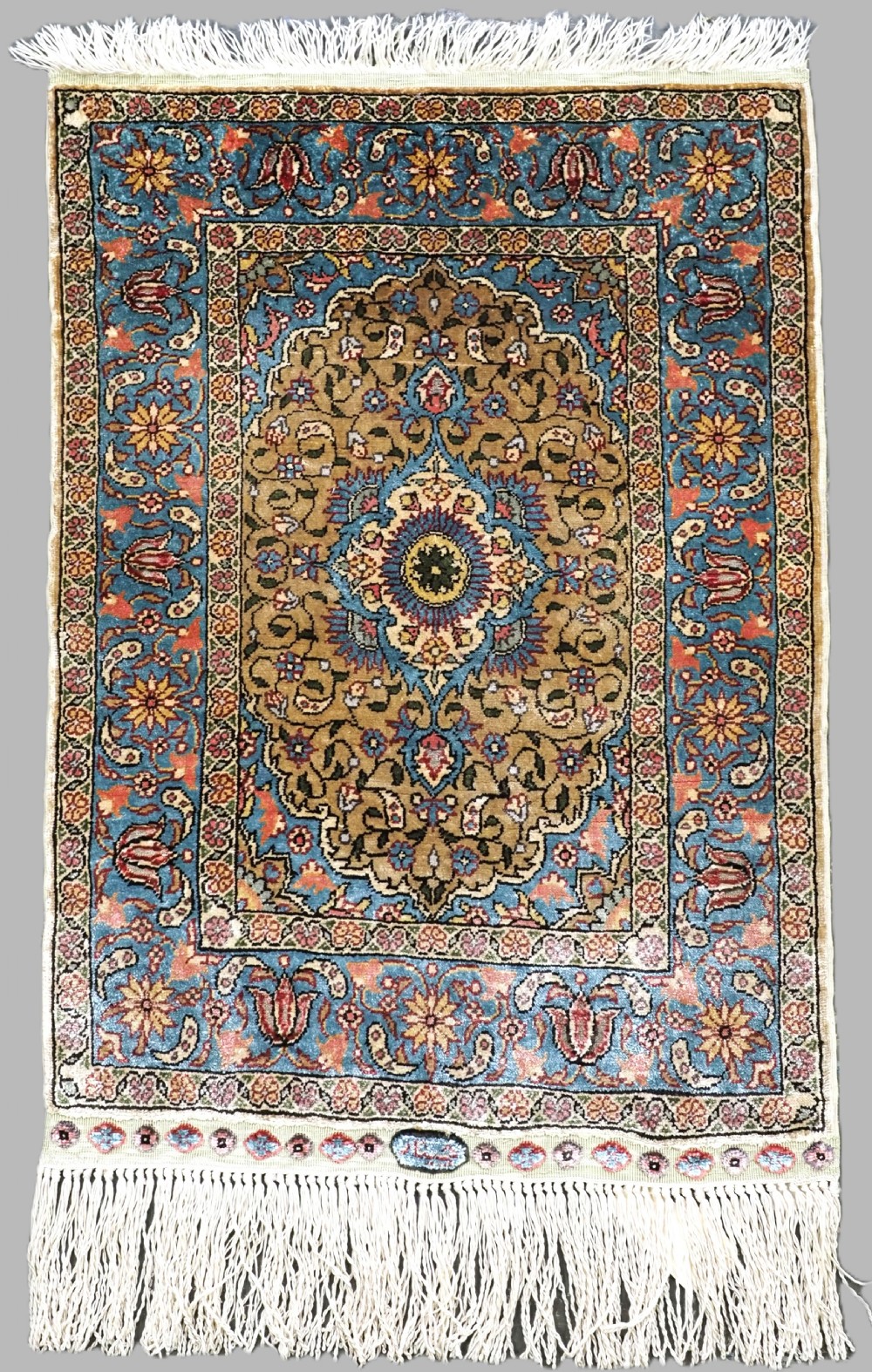 vintage turkish hereke silk rug with silver metal thread signed about 50 years old