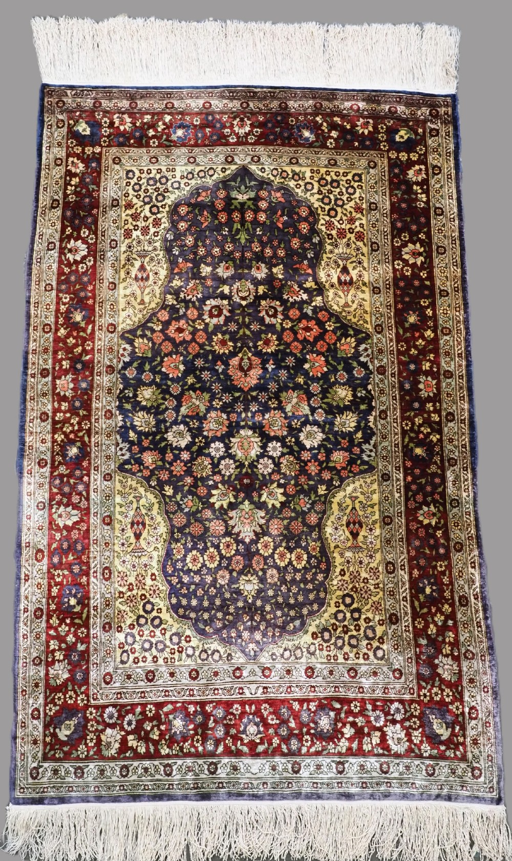 vintage turkish signed hereke silk rug mille fleur design about 50 years old